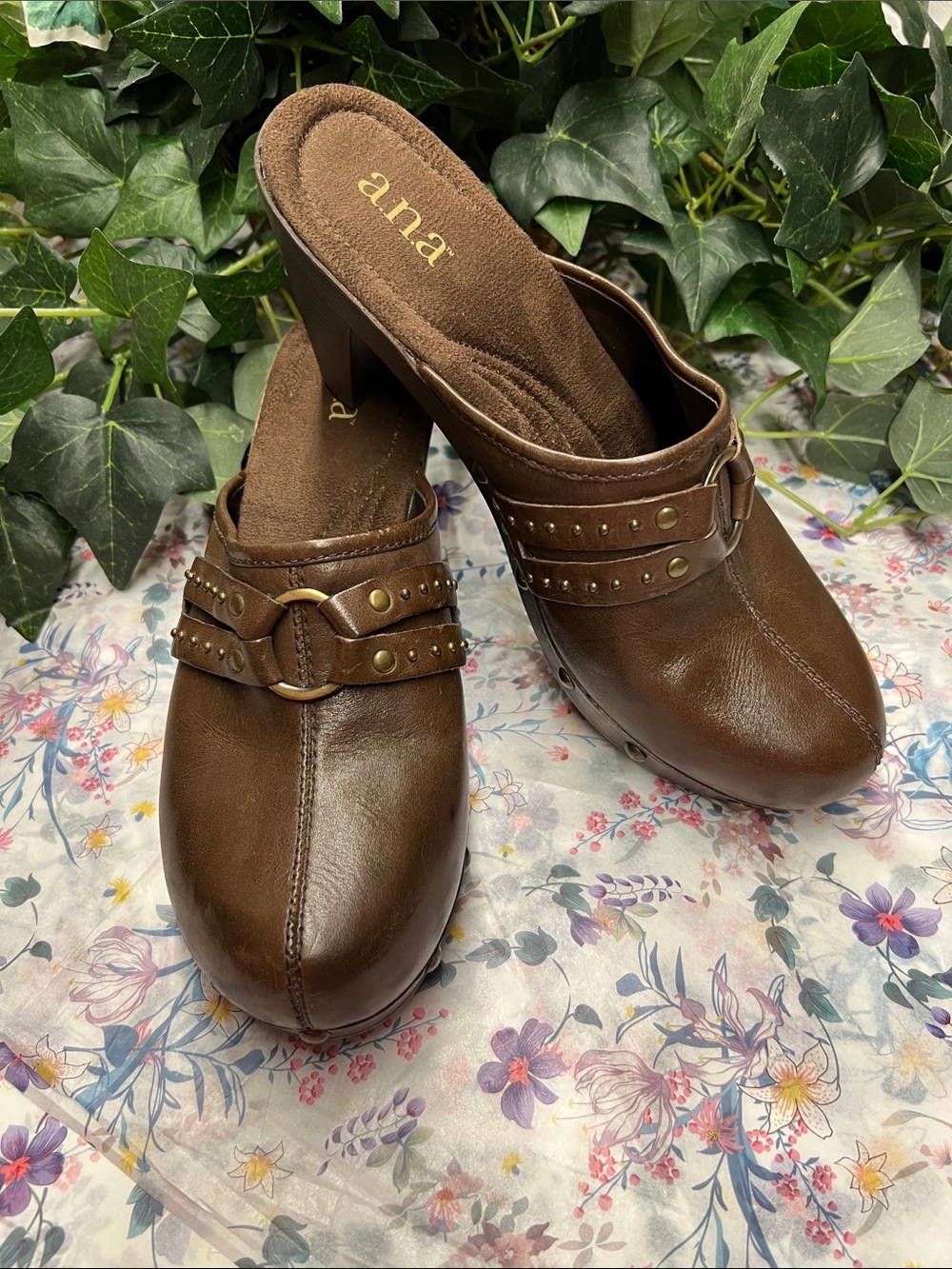 a.n.a Brown Leather Slip-On Mules with Studded Strap